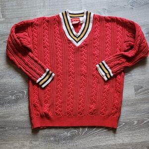 LIZ & Co Vintage Varsity Red V-Neck Cable Knit Sweater Polo Small